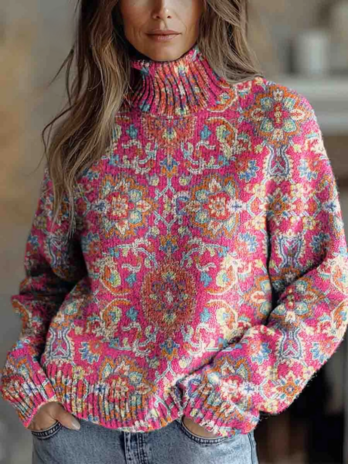 Lucy | Retro Etnische Bloemen-Turtleneck