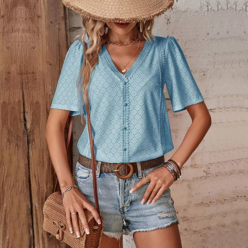 ADELHEID I KORTE MOUW BLOUSE MET V-HALS